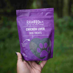 RawFedK9 chicken liver treats displayed in their branded treat bag, highlighting nutrient-rich, single-ingredient organ treats for dogs.