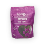 RawFedK9 dehydrated beef liver treats packaged in a branded treat bag on a white background, showcasing natural, nutrient-dense single-ingredient treats for dogs.