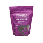 RawFedK9 chicken liver treats visible through the branded treat bag, emphasizing natural, nutrient-dense organ treats for dogs.