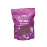 RawFedK9 dehydrated pig ears packaged in their branded treat bag, showcasing high-quality, single-ingredient dog chews in convenient packaging.
