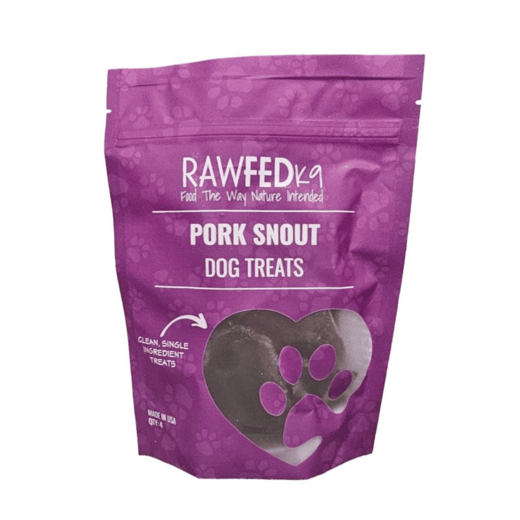 RawFedK9 dehydrated pork snout packaged in a branded treat bag on a white background, showcasing clean, single-ingredient chew treats for dogs.