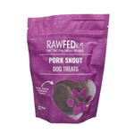 RawFedK9 dehydrated pork snout packaged in a branded treat bag on a white background, showcasing clean, single-ingredient chew treats for dogs.