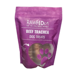 RawFedK9 dehydrated beef trachea chews packaged in a branded treat bag on a white background, showcasing wholesome, single-ingredient dog chews.