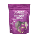 RawFedK9 rolled salmon skin chews packaged in a branded treat bag on a white background, showcasing nutrient-rich, single-ingredient dog treats
