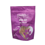 RawFedK9 dehydrated duck feet packaged in a branded treat bag on a white background, showcasing clean, single-ingredient dog treats.