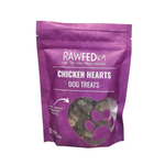 RawFedK9 dehydrated chicken hearts packaged in their branded treat bag on a white background, showcasing wholesome, single-ingredient treats for dogs.