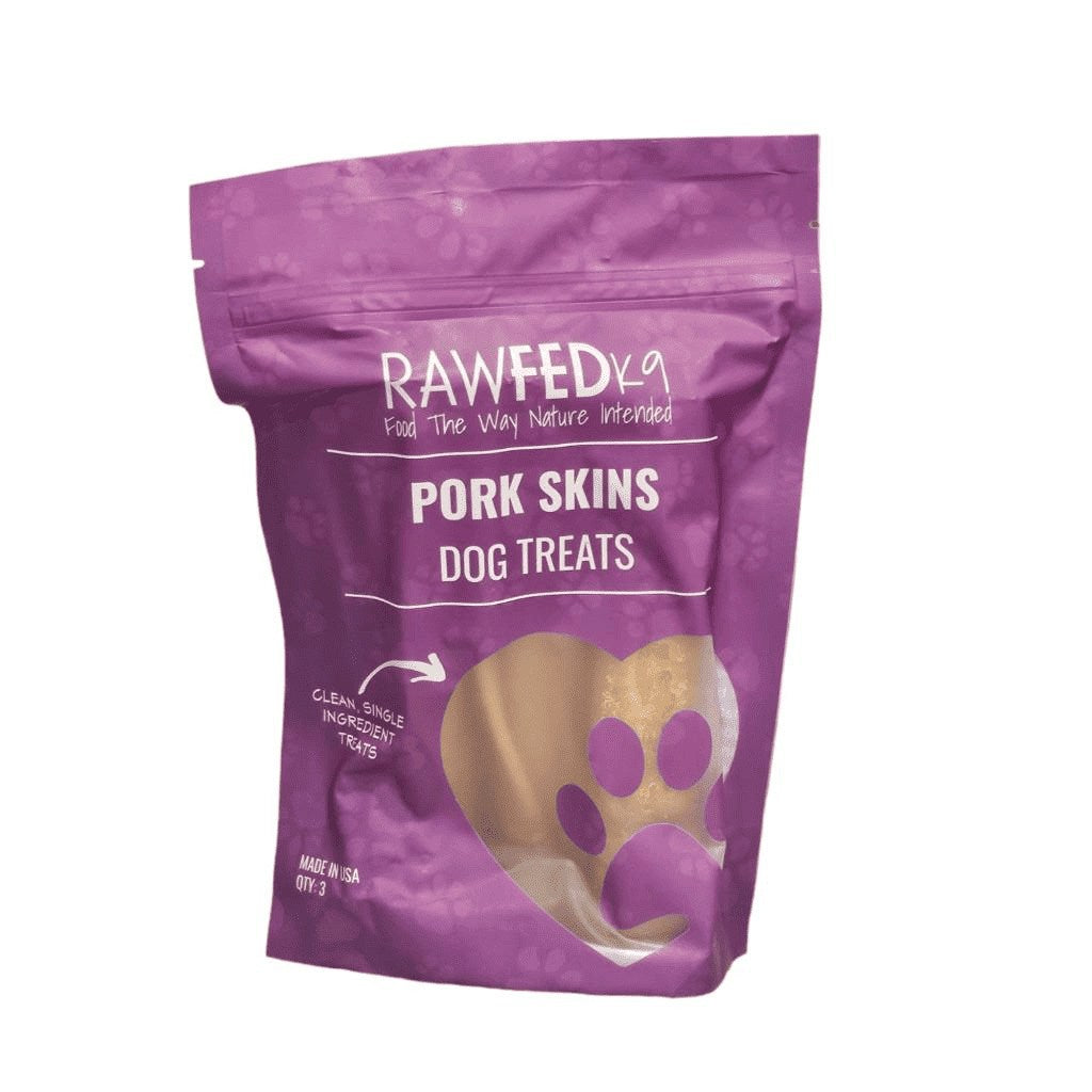 RawFedK9 rolled pork skin chews packaged in a branded treat bag on a white background, showcasing high-quality, single-ingredient dog chews.