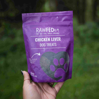 RawFedK9 chicken liver treats displayed in their branded treat bag, highlighting nutrient-rich, single-ingredient organ treats for dogs.
