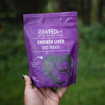 RawFedK9 chicken liver treats displayed in their branded treat bag, highlighting nutrient-rich, single-ingredient organ treats for dogs.