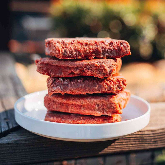 Stack of RawFedK9 raw patties on a plate, highlighting the fresh, high-quality appearance of biologically appropriate raw dog food.
