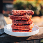 Stack of RawFedK9 raw patties on a plate, highlighting the fresh, high-quality appearance of biologically appropriate raw dog food.