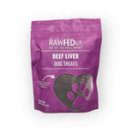 RawFedK9 dehydrated beef liver treats packaged in a branded treat bag on a white background, showcasing natural, nutrient-dense single-ingredient treats for dogs.