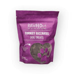 RawFedK9 dehydrated turkey gizzards packaged in a branded treat bag on a white background, showcasing wholesome, single-ingredient dog treats.