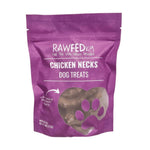 RawFedK9 dehydrated chicken necks packaged in their branded treat bag, highlighting convenient, single-ingredient treats for dogs.