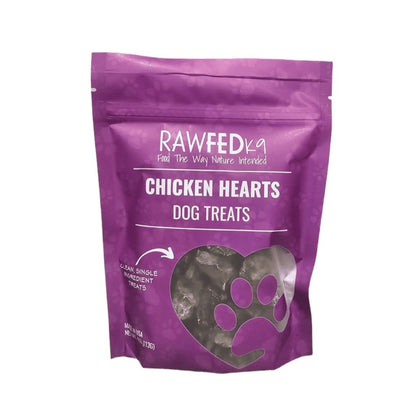RawFedK9 dehydrated chicken hearts packaged in their branded treat bag on a white background, showcasing wholesome, single-ingredient treats for dogs.