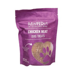 RawFedK9 chicken meat packaged in branded treat bags, showcasing high-quality, single-ingredient raw treats for dogs.