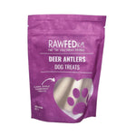 RawFedK9 plain deer antler chews inside their branded treat bag, emphasizing natural, single-ingredient dog chews in convenient packaging.