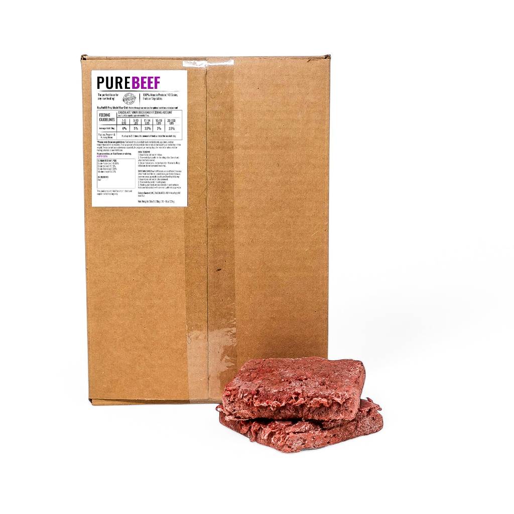 RawFedK9 Pure Beef box with beef patties arranged in front, highlighting high-quality raw dog food.