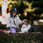 Dog owner sitting with their dog, who is holding a RawFedK9 rolled pork skin chew, highlighting a bonding moment with a natural, single-ingredient treat.