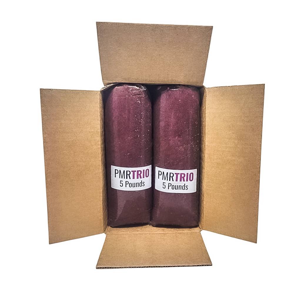 Box of four 5lb RawFedK9 PMR chubs, neatly packed for shipping—highlighting protein variety and frozen raw dog food convenience.