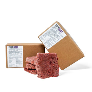 RawFedK9 PMR Beef sample pack boxes displayed to show case size, highlighting convenient packaging for balanced raw dog food made with muscle meat, bone, and organ.