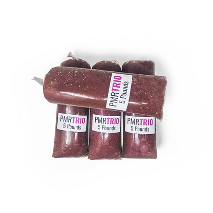 Four 5lb RawFedK9 PMR Trio chubs stacked together, showcasing bulk raw dog food options and protein variety.